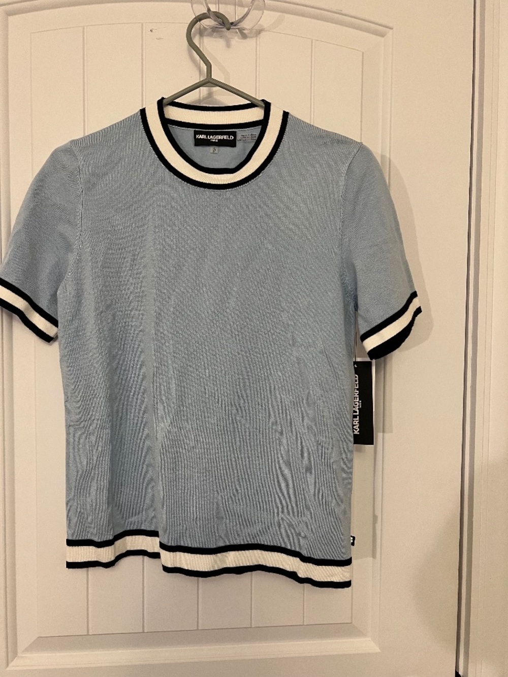 Karl Lagerfeld Light Blue Short Sleeve Knit Sweater with Black and White Trim